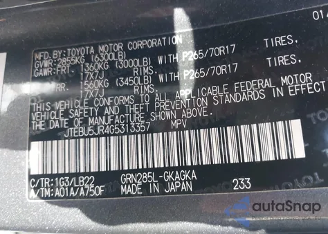 2016 Toyota 4Runner Sr5 Premium z USA, uszkodzony, nr VIN JTEBU5JR4G5313357